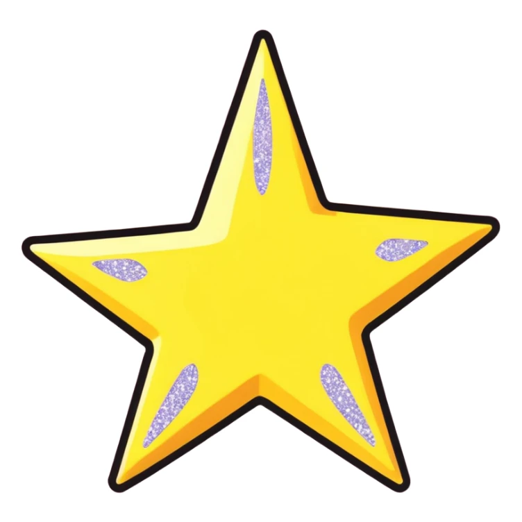 3D golden star with soft glow, five sharp symmetrical points, lots of glitter particles, cartoon style, friendly appeal, pastel yellow background, Pixar-inspired lighting sticker