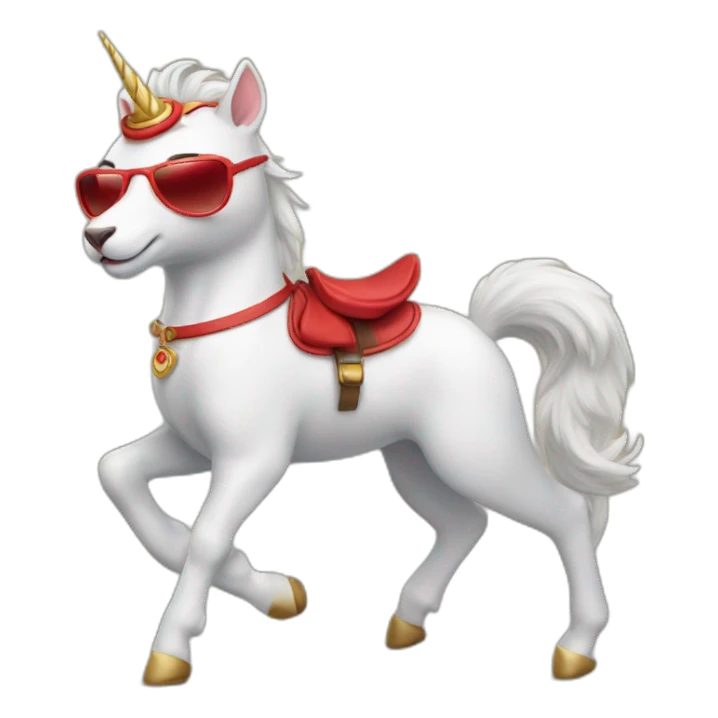 a cat with a red headband and sunglasses riding a unicorn sticker