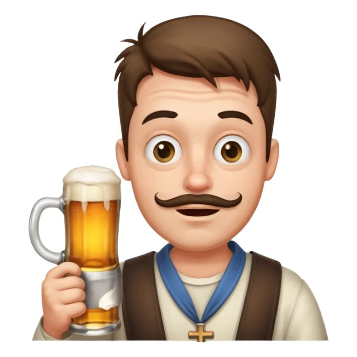 funny man with exaggerated, ridiculous expression holding a beer mug, cross eyed sticker