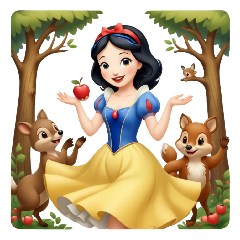 Cinematic Playful Snow White Portrait Emoji, Laughing while dancing with woodland animals, dress twirling gracefully, a whimsical sparkle in her eye, radiating charm and pure delight! sticker