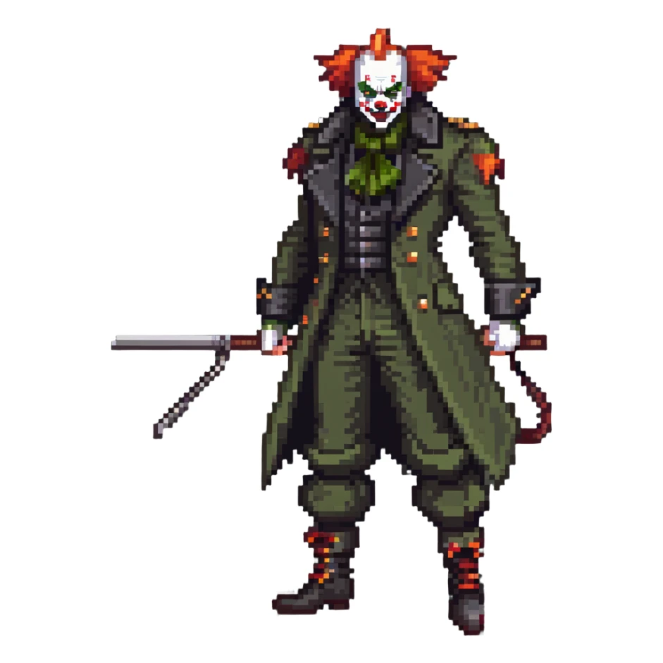 evil clown soldier, bald, small black horns on forehead, fangs, pointed ears, eye patch over one eye, long coat over black and military green clothes with bellbottom pants, tail, holding an Indiana Jones-style whip, realistically proportioned, less bulky, full body, fighting stance sticker
