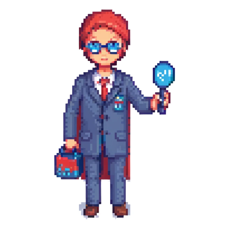 A secret agent holding a magnifying glass and code cards, spy theme, detective style, mysterious atmosphere, red and blue color scheme sticker