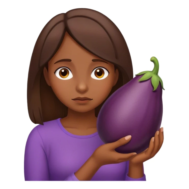 Sad brown hair girl hold eggplant sticker