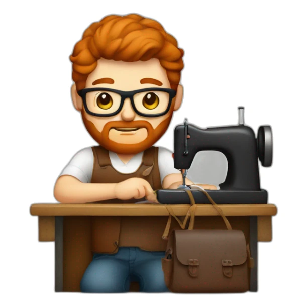 Red smooth haired man with beard and glasses sewing a leather bag by hand sticker