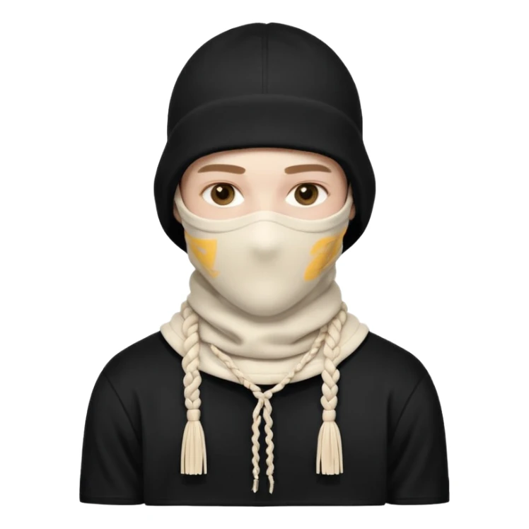 Ultra-detailed studio shot of a post-apocalyptic off-white balaclava — deconstructed, frayed, layered, with braided rope tassels and subtle embroidery. Minimalist white background, soft lighting, sharp focus. High-fashion streetwear aesthetic. The face of a person in a mask should not be visible sticker