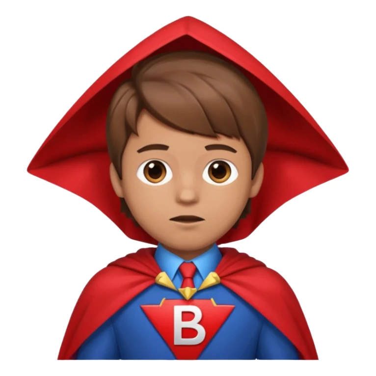 A cartoon boy with brown hair and a blue suit and a upside down triangle with a B on it with a red cape  sticker