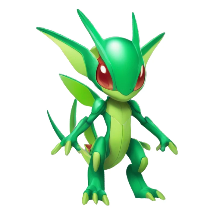 a shiny green Genesect-Flygon-Raptor-Fakémon—hybrid with a futuristic visor-helmet full body sticker