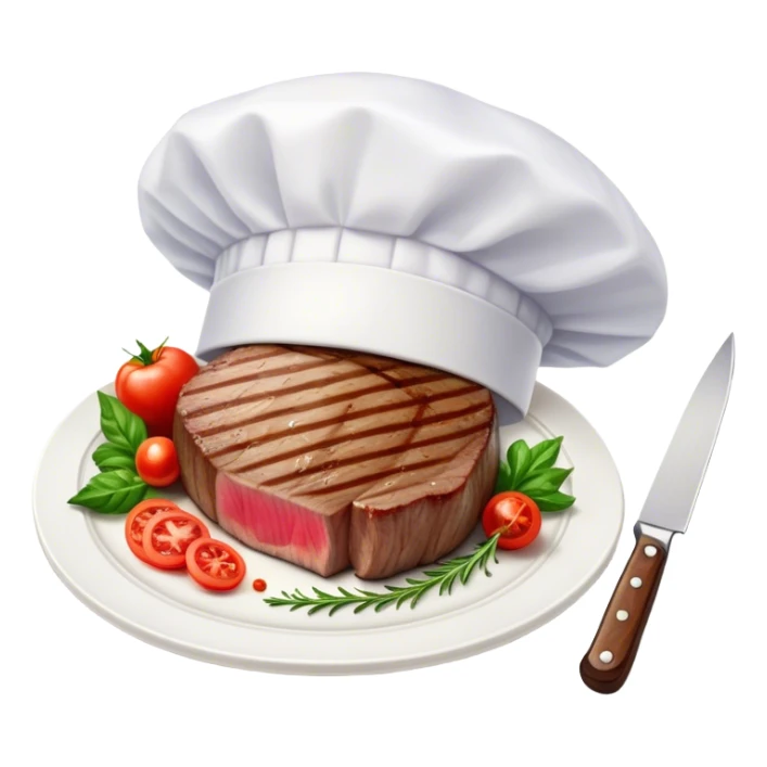 A photorealistic icon featuring a chef's hat, a cutting board with fresh ingredients, a knife, a plate with a well-plated dish, and a beautiful ribeye beef steak. Bright, detailed design with realistic textures and lighting. Transparent background, clearly symbolizing cooking and culinary arts. sticker