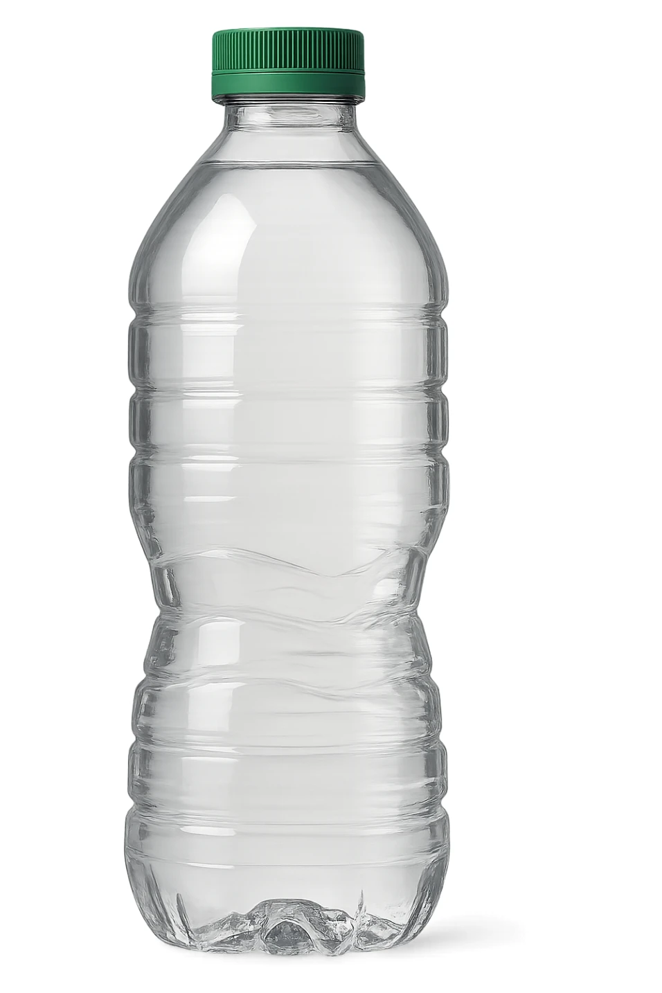 a clear plastic water bottle with a green cap, no label, inspired by Poland Spring, transparent, simple design sticker