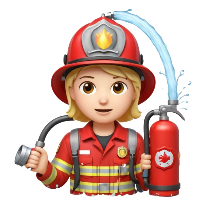 A 3D Apple-style emoji character dressed as a firefighter in a bright red uniform and helmet, holding a fire hose spraying water forward, determined expression with cartoonish eyes, water splashing effect, clean minimal background sticker