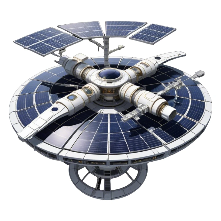  Cinematic Realistic Space Station – A highly detailed, sprawling orbital station with complex solar panels and intricate docking modules. The metallic structure glows faintly from reflected sunlight, with the curvature of Earth and the deep blackness of space in the background. sticker