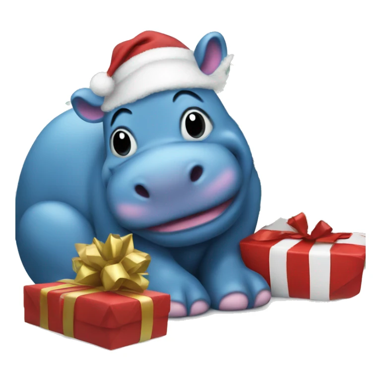 A blue hippo with a Christmas tree sticker