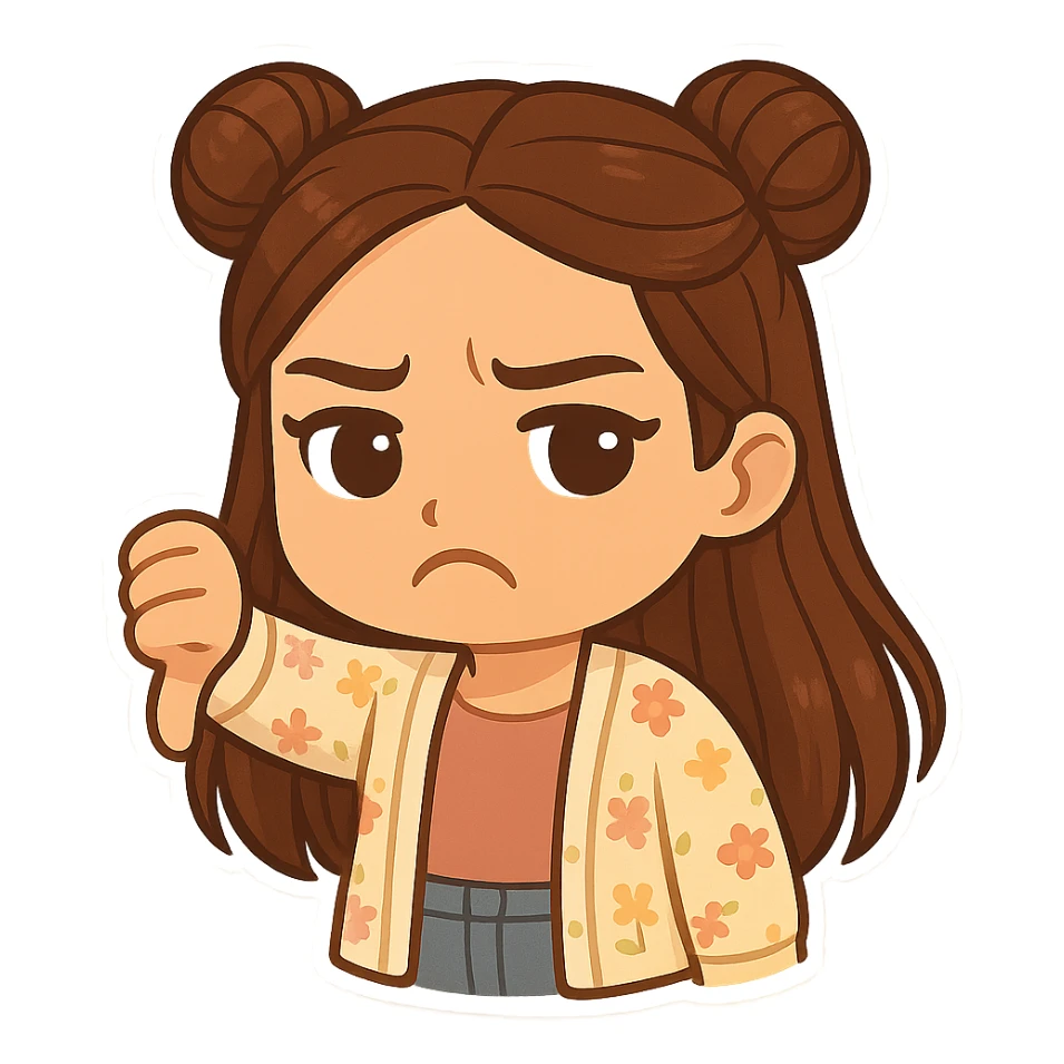 Create a chibi sticker of the girl from the reference image, showing a thumbs down and looking displeased. She has brown straight hair styled in double buns, brown eyes, wearing a pastel floral cardigan and jeans. The sticker should have a white outline and a transparent background, sized 512x512px. sticker