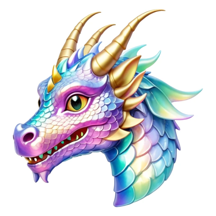 A cute Sparkly glossy Pastel iridescent glass dragon head profile, 2 horns sticker