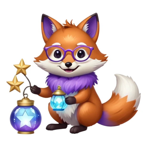 A small magical fox with shimmering purple and blue fur, a glowing fluffy tail, a silver star on its forehead, and round glasses, holding a tiny magical lantern, rolling on the floor and laughing uncontrollably. 🦊🤣 sticker
