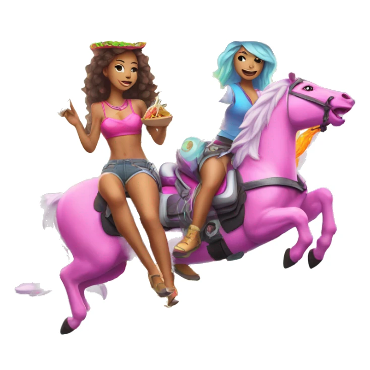two women eating tacos while riding a unicorn surrounded by a neon heart that’s on fire sticker