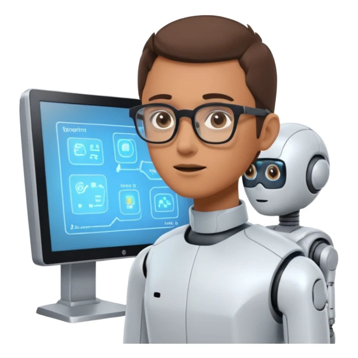 human is using some complicated system, in front of the monitor, asking someting to the monitor by natural language the monitor, ai robot answering in his own language sticker