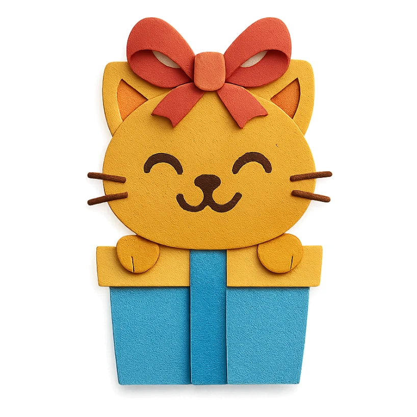 cat inside a gift box with a ribbon on head, smiling, paper-craft style sticker