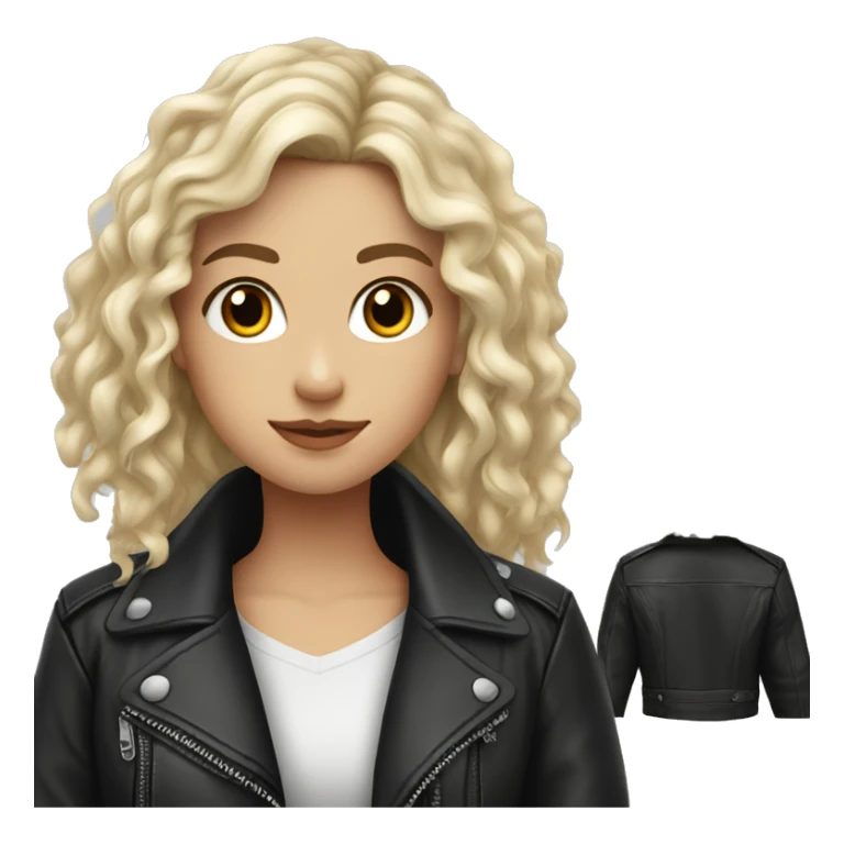 White girl, with long curly black hair, wearing leather jacket sticker
