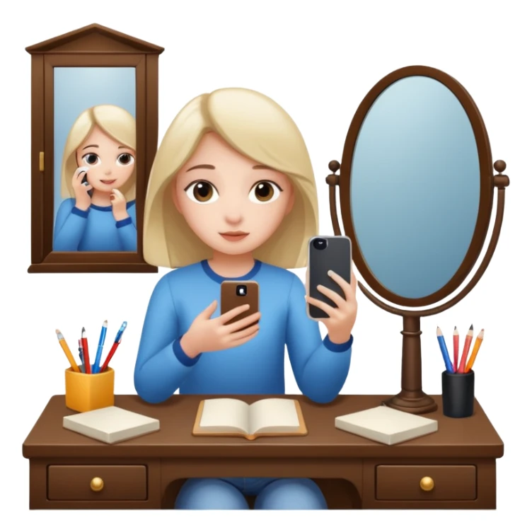 Girl sitting at vanity taking out picture with iphone 15 plus and study materials on the vanity sticker
