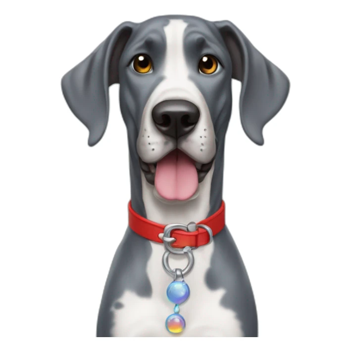 Great Dane, Blue, with red collar, happy, with a smile and bubble that reads”yes Please” sticker