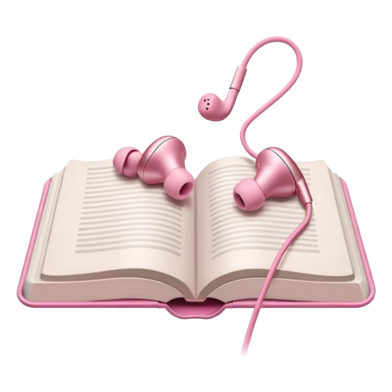  pink Pink Apple-style earbuds lying on an open book, soft pastel tones, cozy and minimal aesthetic, realistic lighting and shadows, top-down view, transparent background" sticker