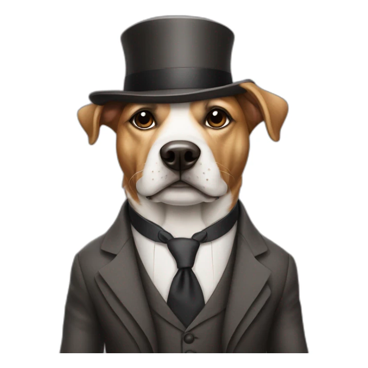 An old dog wearing a stylish suit and an elegant hat sticker