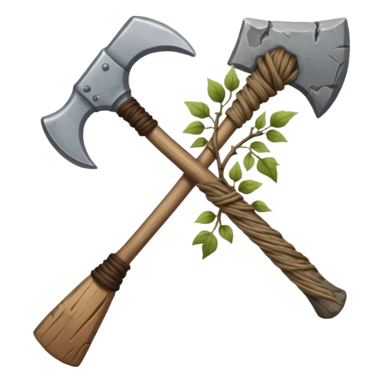 A sharp stone axe with wooden handle tied by vines.





 sticker