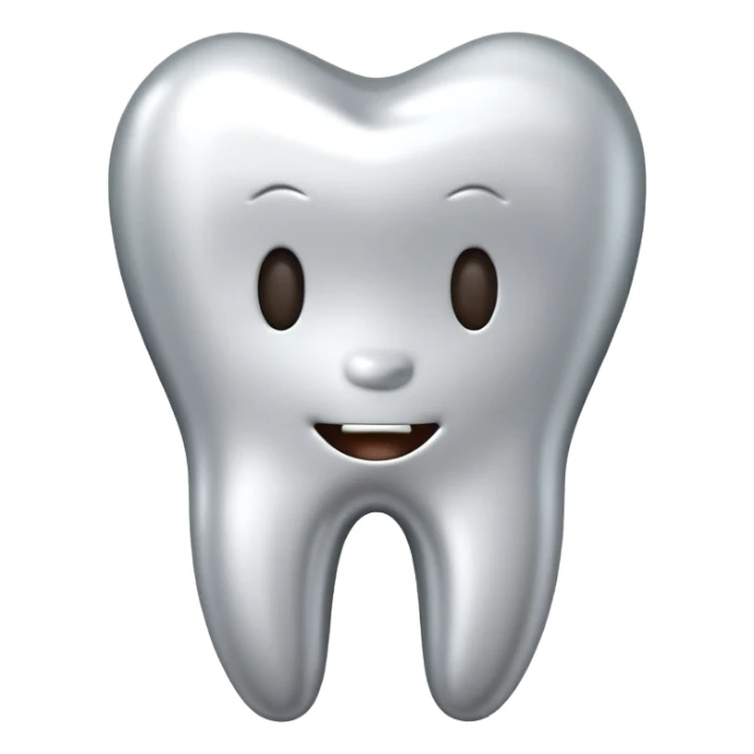 human tooth emoji, smooth chrome ceramic-metal texture, clean medical luxury aesthetic, isolated on white sticker