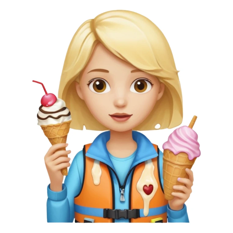 girl blonde kid wearing lifejacket, holding ice cream sticker
