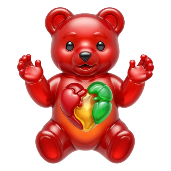 Multicolored Gummy bear holding one small gummy anatomically correct human heart  sticker