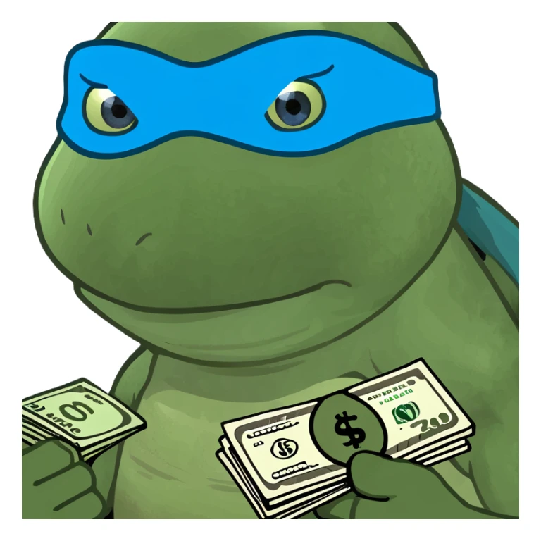 ninja turtle wearing blue eye mask with money sticker