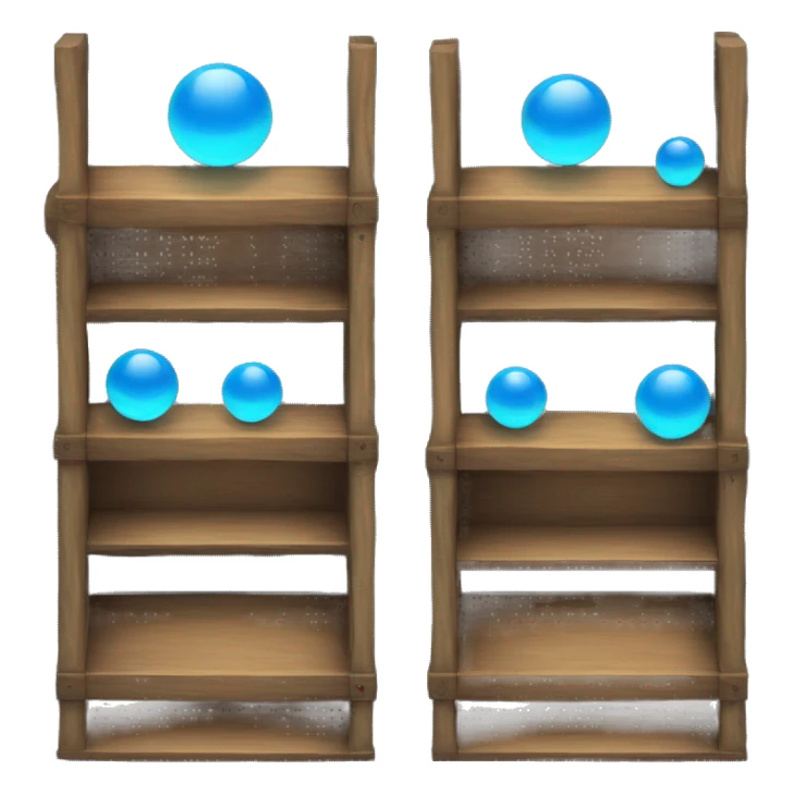 tall wooden shelves with blue orb prophecies sticker