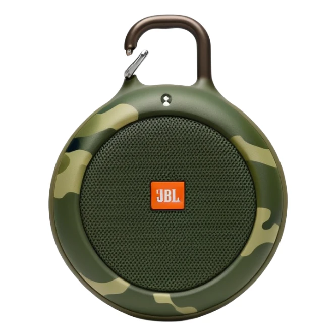 Simple JBL Clip 4 portable speaker with correct round body and built-in carabiner hook, minimal green camo pattern, iOS emoji style sticker