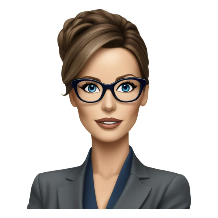 Hyper Realistic photo Kate Beckinsale blue eyes wearing glasses in a business meeting high fashion  sticker