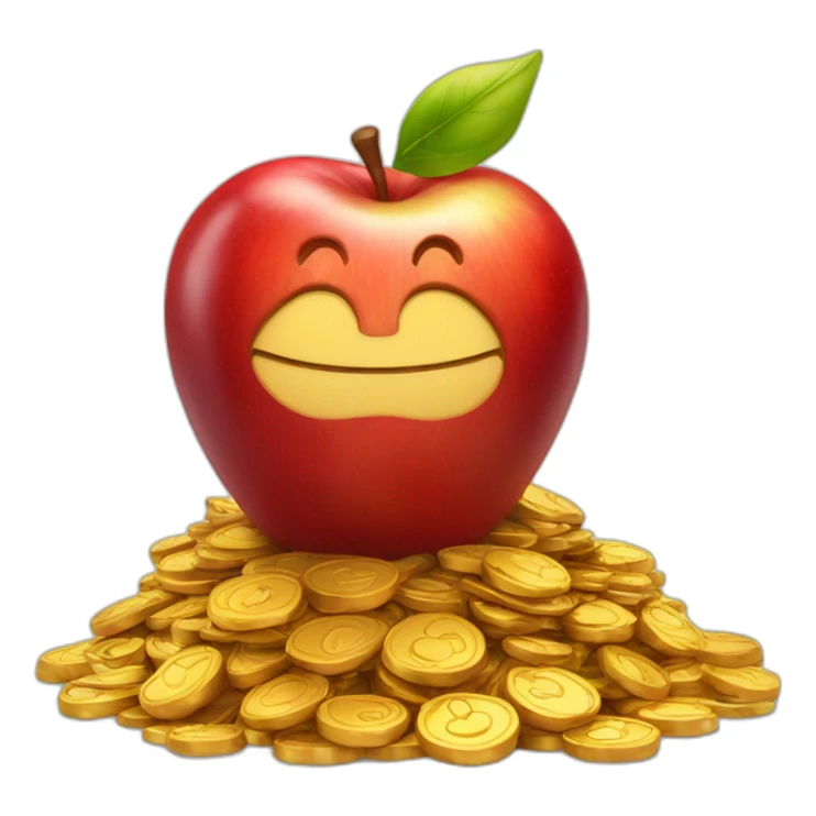 smiling red apple standing on a pile of gold sticker