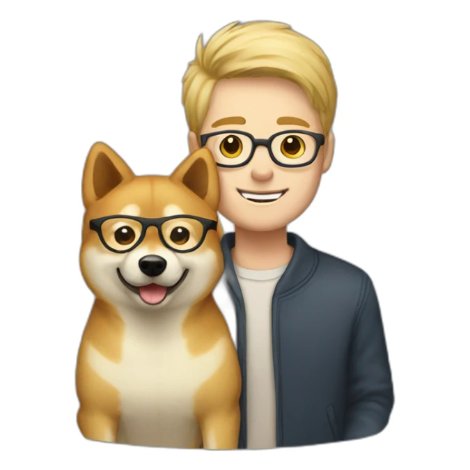 blond haired man with glasses holding a Shiba inu sticker