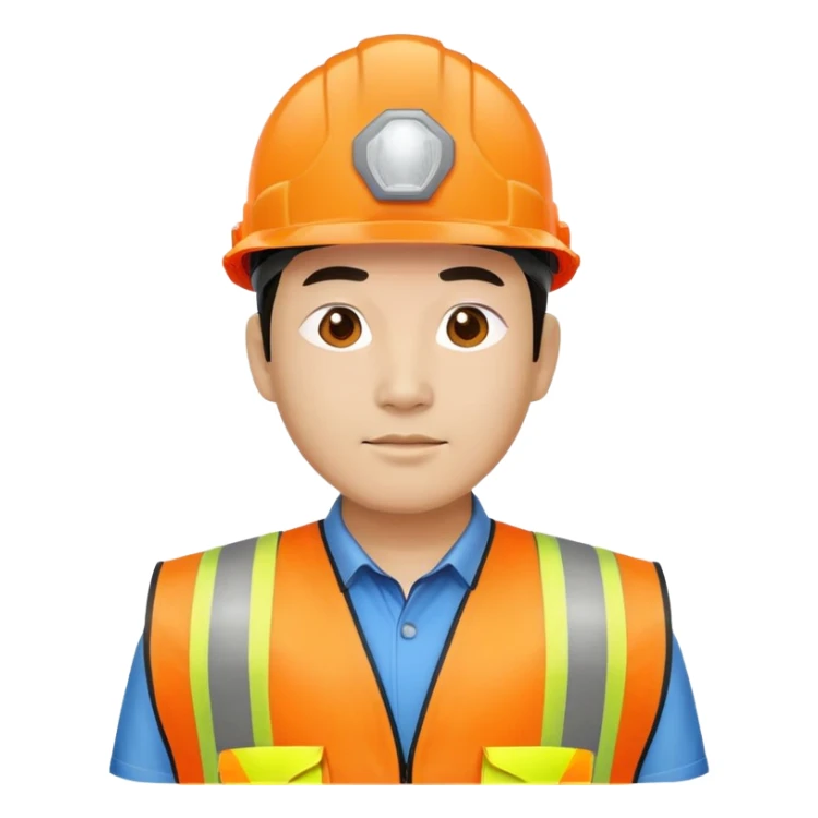 Chinese man wearing orange safety helmet and high visibility vest sticker
