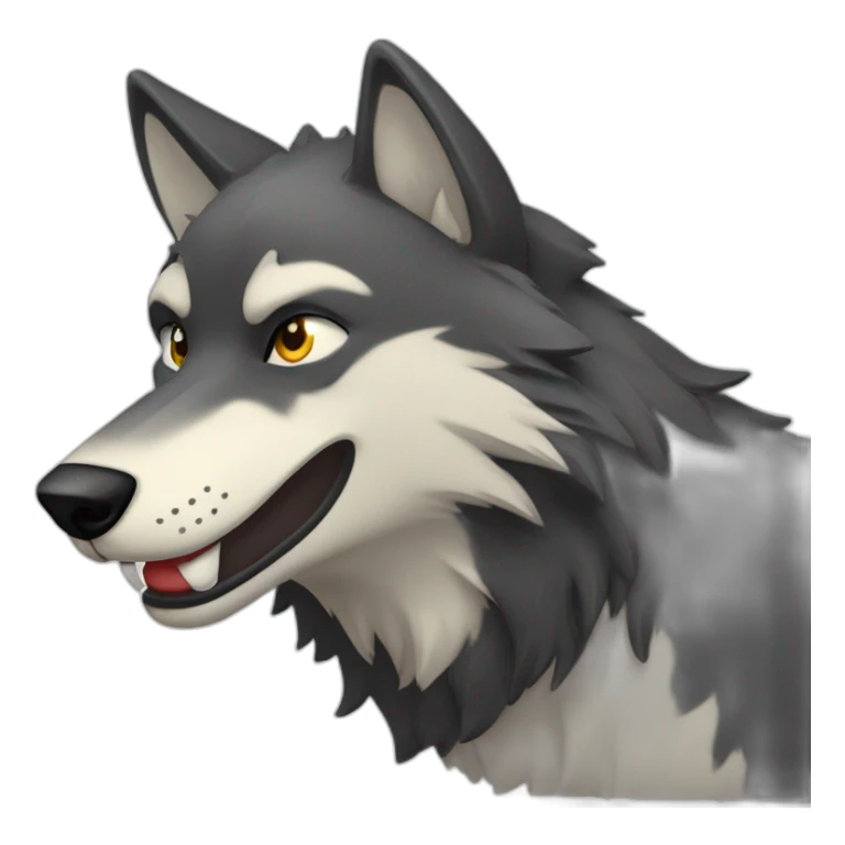 friendly dark wolf head in profile looking to right with open mouth smiling and blinking with on eye sticker