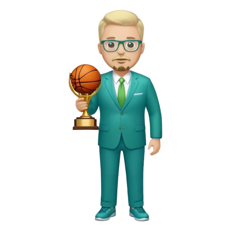 Full Body white fat male  wearing glasses with a goatee with light blonde gray very short hair basketball head Coach in blue and green suit holding trophy sticker