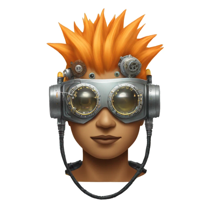 Light orange Mohawk hair make cyborg head with silver steampunk goggles and circuits sticker
