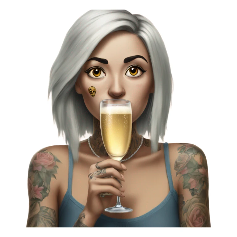 Hyper Realistic Beautiful tattooed woman crying sadly drinking champagne  sticker
