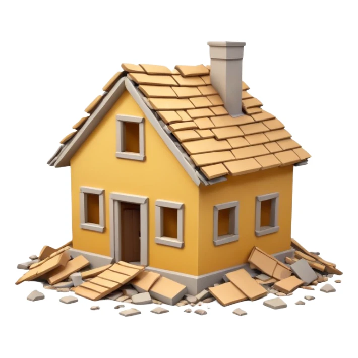 3D iPhone style emoji of a completely destroyed house, heavily damaged, collapsed into rubble, broken walls and roof scattered into debris, isolated on white background, soft shadows, high detail, playful and cute. sticker