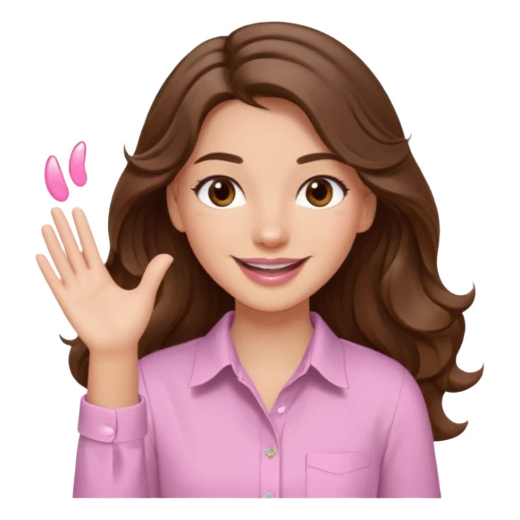 girl with wavy long brown hair, brown eyes, light to medium complexion, long lashes, light pink lipstick, smiling, wearing light pink shirt, slapping sticker