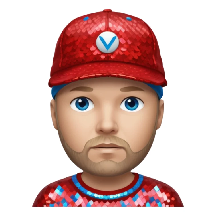 Fred Durst with blue eyes, dark blonde hair, red sequin shirt and cap sticker