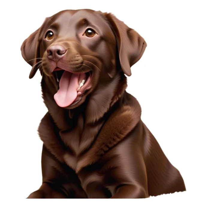 Cinematic Cute Yawning Chocolate Labrador Portrait Emoji, Head tilted slightly with a dramatic, wide-open yawn, showcasing a smooth chocolate Fur with a velvety texture, floppy ears slightly drooping, round brown eyes barely open in drowsy contentment, Simplified yet irresistibly adorable features, highly detailed, glowing with a soft, cozy glow, high shine, relaxed yet expressive, stylized with a touch of whimsy, bright and endearing, soft glowing outline, capturing the essence of a sleepy yet affectionate companion, so drowsy it feels like it could stretch out of the screen and curl up for a nap! sticker