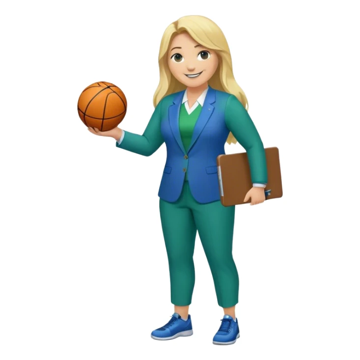 Full Body white plus size female basketball head coach using a clipboard with long blonde hair in a blue and green suit smiling with basketball and clipboard sticker