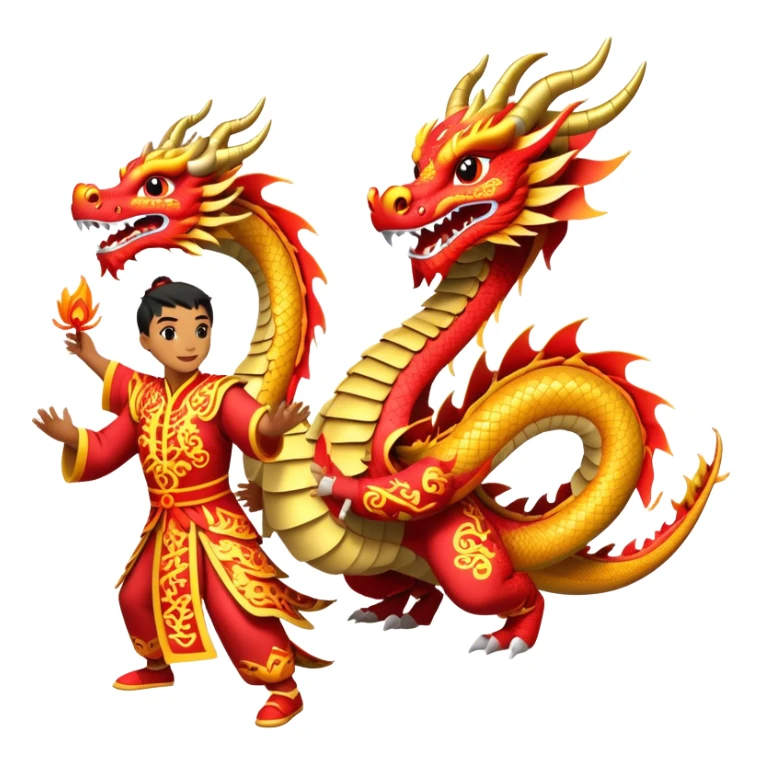 Cinematic Realistic scene of two performers guiding an elaborately designed dragon costume during a Dragon Dance, with vivid traditional patterns and dynamic motion, set under festive, red-tinged lighting sticker