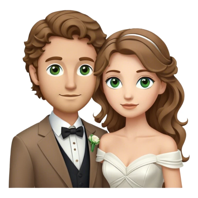 A bride and groom. Bride has brown hair with soft curls, has green eyes, wears an off shoulder dress. Groom has blond hair, has blue eyes, wears a brown suit with a brown vest and a bolo tie. sticker