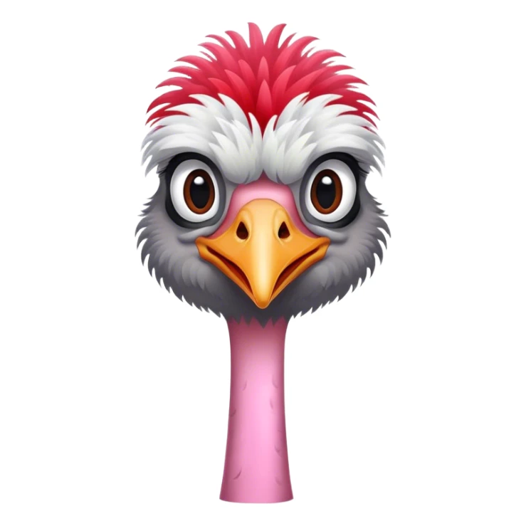 An ostrich with black and white feathers on the body, fluffy grey head feathers, pinkish-red neck, and red legs. sticker